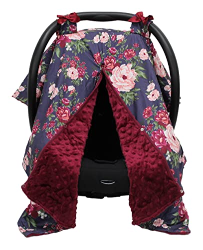 Image of Dear Baby Gear Carseat Canopy - Car Seat Cover with Snap Opening for Girls & Boys - Infant Car Chair Canopies - Floral & Farm Prints - Nursing Covers - 39" x 32" (Pink Peony Flowers, Burgundy Dot)
