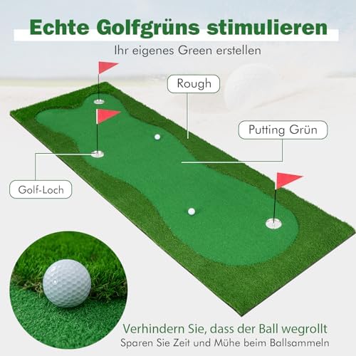 300 x 100cm Golf Übungsmatte, Golfmatte mit Kunstrasen, 2 Bälle, 3 Löcher, 3 Fahnen & Putting Cups, Puttingmatte faltbar für Indoor & Outdoor, Putting Green Golf Trainingsmatte für Zuhause