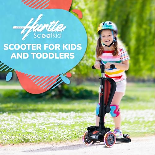 Image of Hurtle 3-Wheeled Scooter for Kids - Wheel LED Lights, Adjustable Lean-to-Steer Handlebar, and Foldable Seat - Sit or Stand Ride with Brake for Boys and Girls Ages 1-14 Years Old