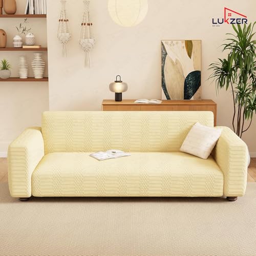 Image of Lukzer 5 Seater Pastel Yellow Dotted Stripe Pattern Sofa Cover | 240 GSM Universal Stretch Fit 3+1+1 Jacquard Fabric Couch Protector | Fully Covered Anti Slip & Washable Sofa Cover - SC-070-05