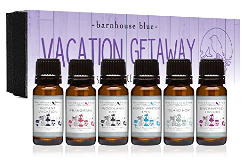 Vacation Getaway Premium Grade Fragrance Oil - Gift Set 6 10ml Bottles - Island Hop, Instant Vacation, Aspen Winter, Woodland Bay, Enchanted Orchid, Frangipani