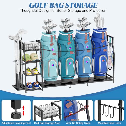 Golf-Bag-Storage-Organizer-for-4-Bags-with-Club-Holder-Storage-Shelves-Fits-4-Golf-Bags--Club-Holder-for-10-Clubs--Storage-Basket-3-Shelves--Golf-Garage-Organizer--Great-Golf-Gift