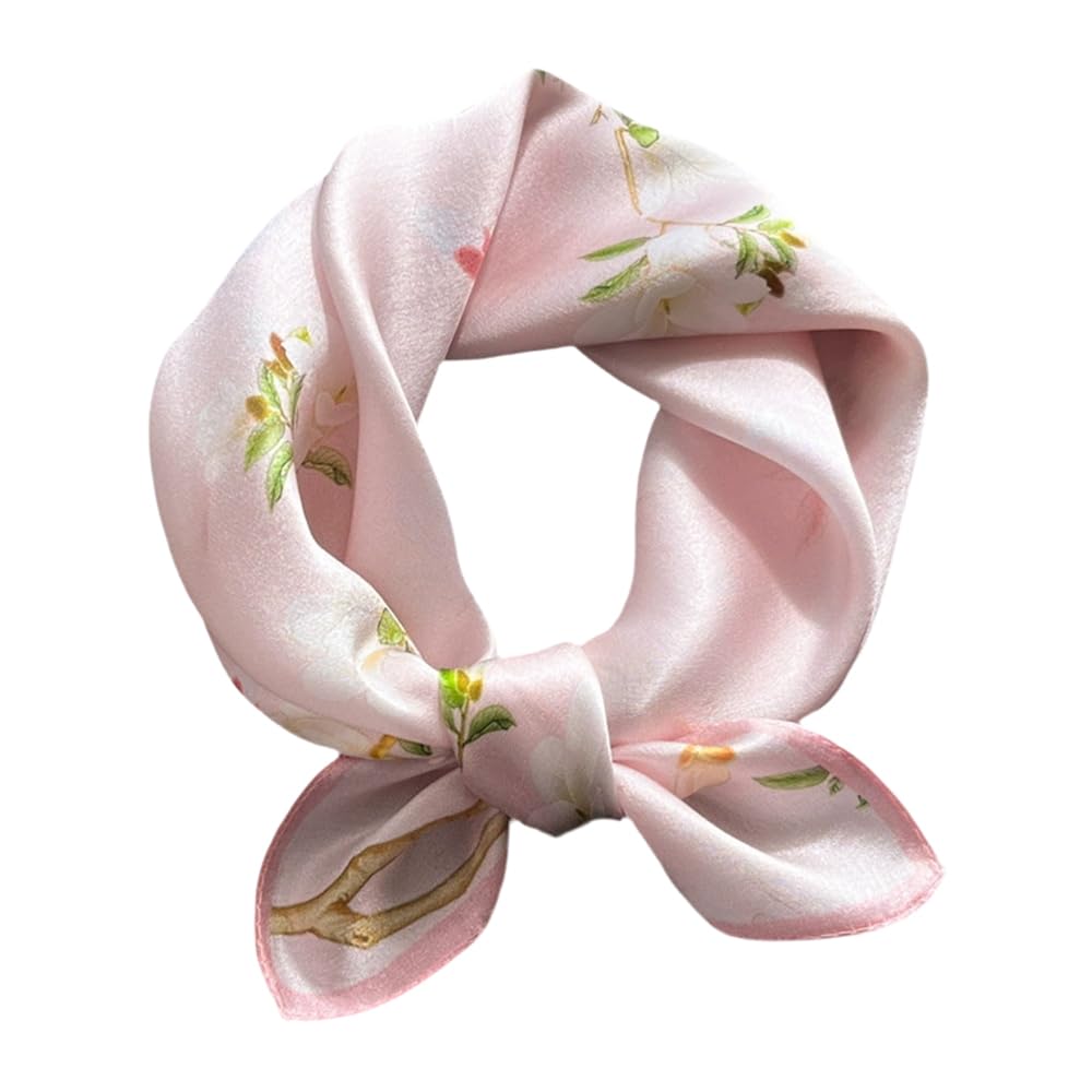 Meisee Women's Elegant Pink Flower Mulberry Silk Scarfs Small Square Scarf 21" X 21" Breathable Lightweight Neckerchief Headscarf, 21In
