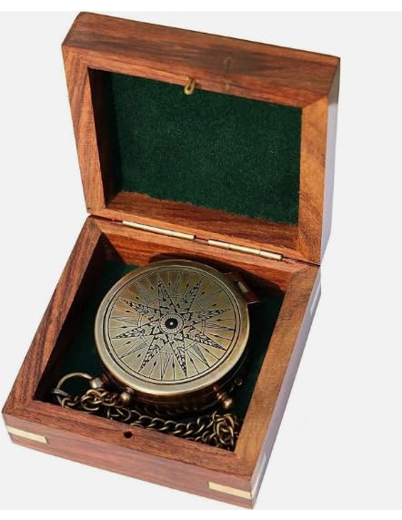 Brújula Náutica de Latón Antigua con Caja de Madera – Regalo Marinero Vintage con Diseño de Ancla miniatura 3