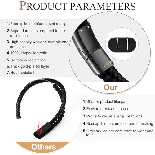 Mens Bracelet, Gifts for Men, Double-Row Black Braided Leather with Black Stainless Steel Jewelry Bracelet 7.5 inches, 8.5 inches, 9.5 inches Perfect for fathers, friends, and brothers3