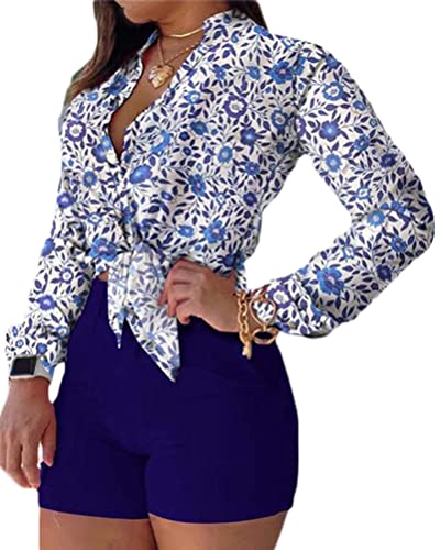 ORANDESIGNE Costume Femme Chic 2 Piece Ensemble Short Chemise Imprimé Ensemble de Shorts Tenue Elegante Décontractée Survêtement Vêtement A Bleu XXL