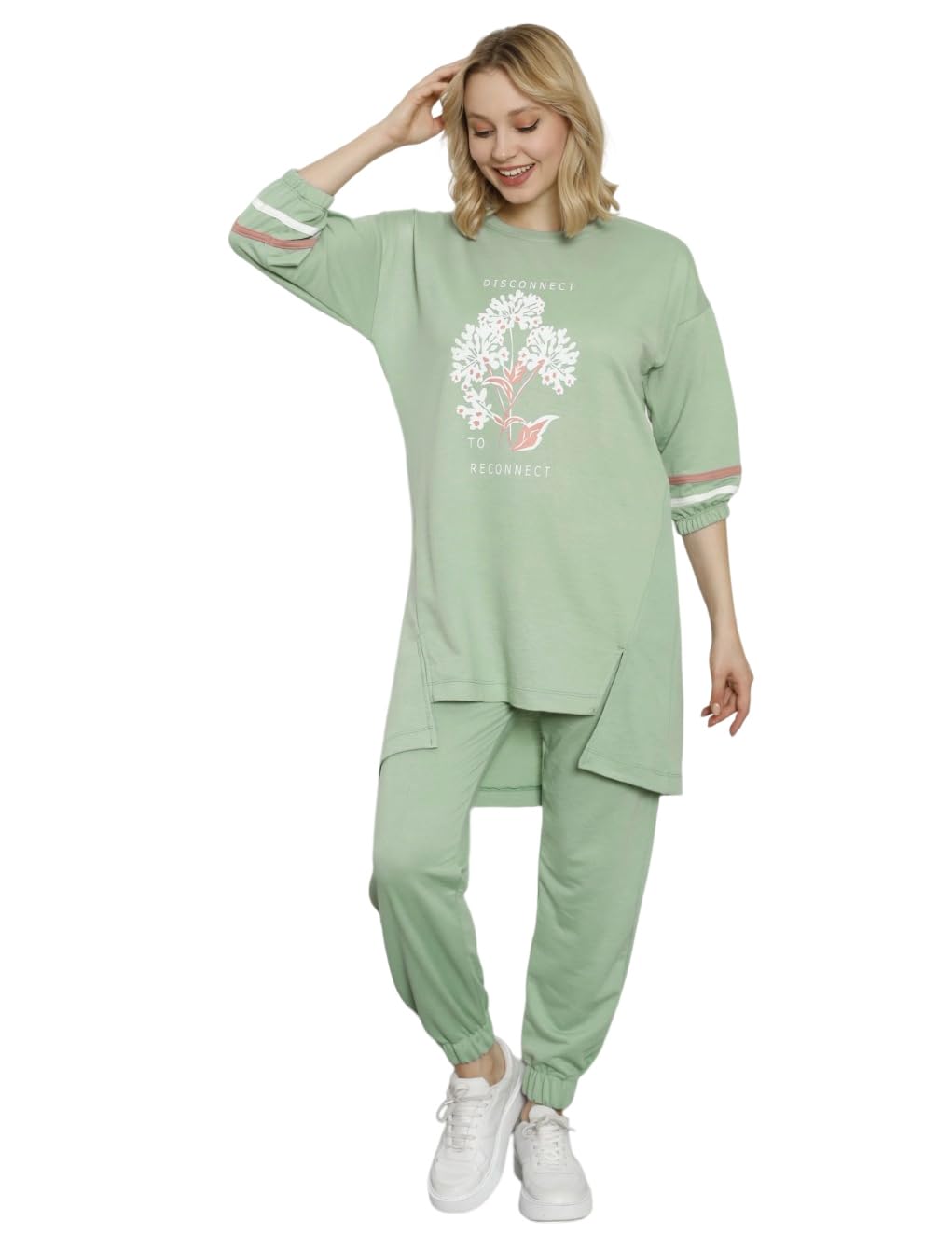 WeshaTurkish Cotton Tunic Long Top and Pants Ladies Homewear Gymwear Sportswear Set Modest Tracksuit Set for Women