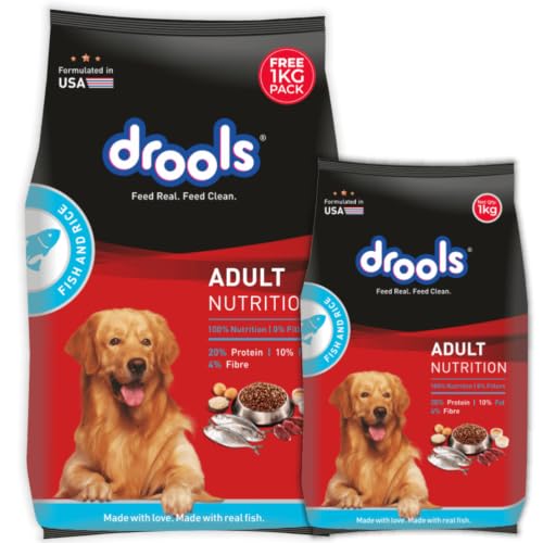 Image of Drools Adult Dry Dog Food 2.8kg + 1kg (Free) | Fish and Rice Flavour | Fish & Rice Formula | Gentle on Gut | Helps Maintain Strong Muscles and Vitality | Organic Chelated Minerals