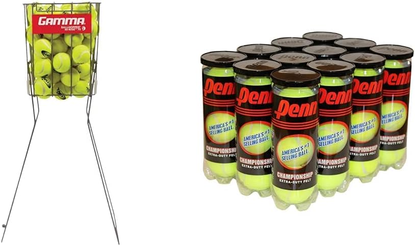 GAMMA Tennis Ball Hopper Hi-Rise 75 Holds 75 Balls with Penn Championship Extra Duty Felt Tennis Balls 36 Count