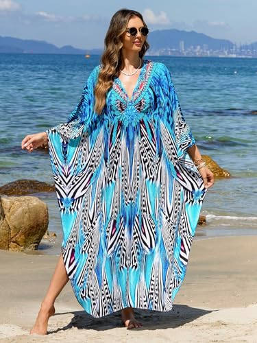 Image of IMAGEKOPE Women's Plus Size Animal Print V-Neck Batwing Kaftan Beach Dress Bathing Suit Cover-Up Loungewear