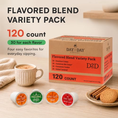 Image of Day To Day Coffee Flavored Variety Pack, 120 Count Single Serve Pods, 4 Coffee Blends (Hazelnut Creme, Jamaican Me Creme, Cinnamon Cookie, Salted Caramel), Compatible with Keurig K-Cup Brewers, No Added Sugar