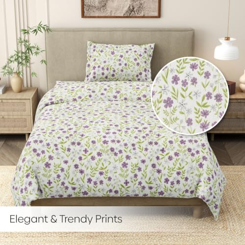 Image of Haus & Kinder Bedsheet for Single Bed Cotton, 58 x 98 Inches Single Bedsheet with 1 Pillow Cover, Pure Cotton 186 TC, Soft & Silk Bedsheet for Single Bed - Moonlit Lavender Garden