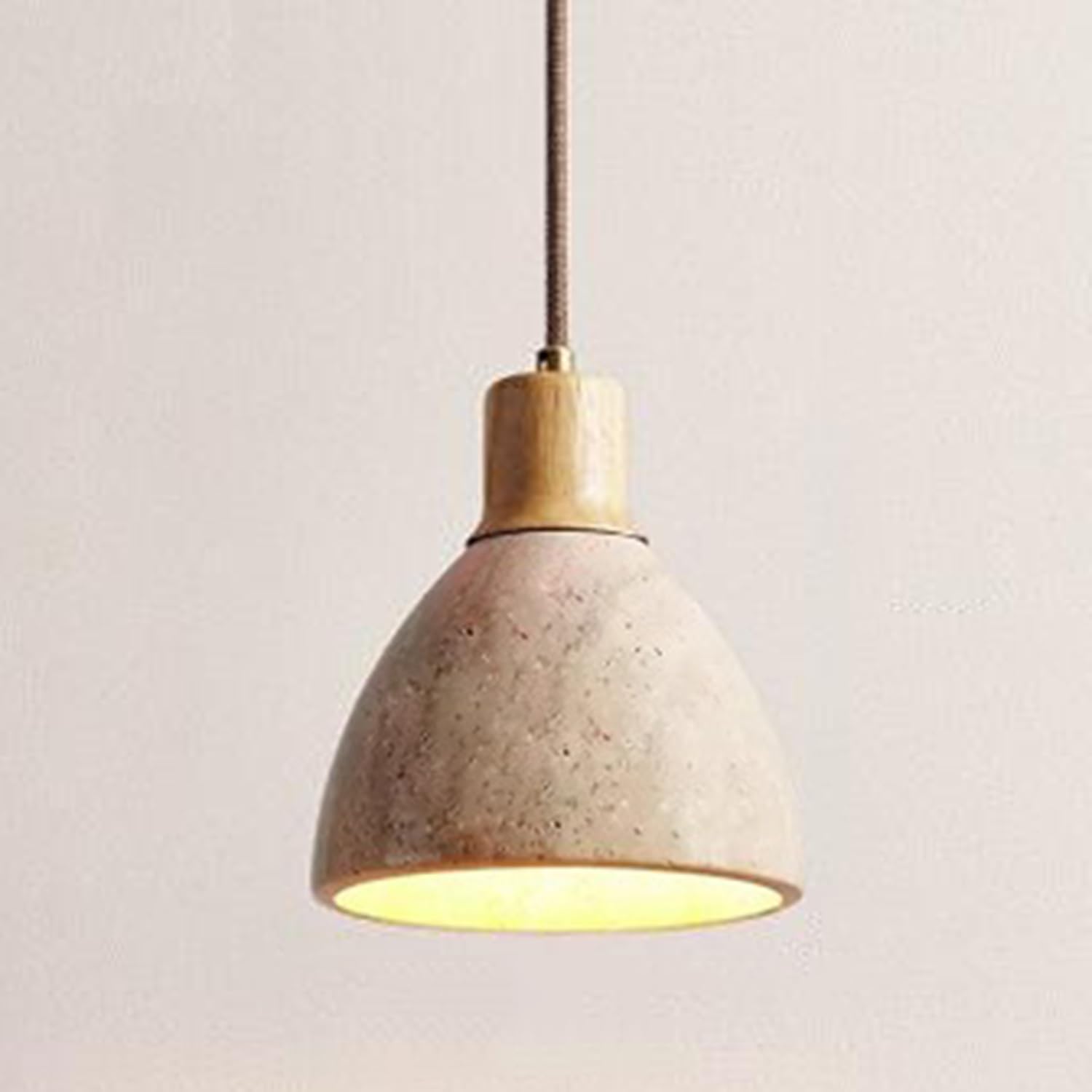MTNROO Natural Travertine Stone Hanging Lights 6.3 Inch Pendant Lamp Fixture Porous Travertine with Wooden Art Decoration E27 Base Wabi-sabi Style Industrial for Living Room Hallway Teahouse