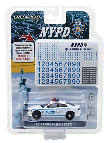 Greenlight 42821 2017 Dodge Charger Pursuit Police New York Police Department (NYPD) with NYPD Squad Number Decal Sheet Hobby Exclusive 1/64 Diecast Model Car