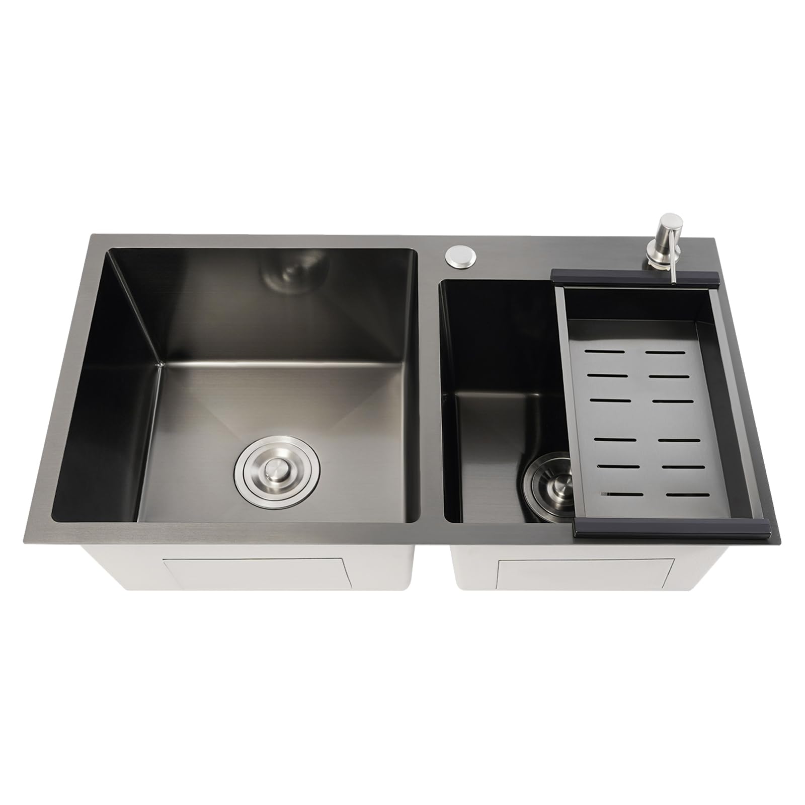 Fregadero doble para cocina, 78 x 43 cm, acero inoxidable, con tubo de desagüe y rebosadero, dispensador de jabón, de tubos en S, color negro