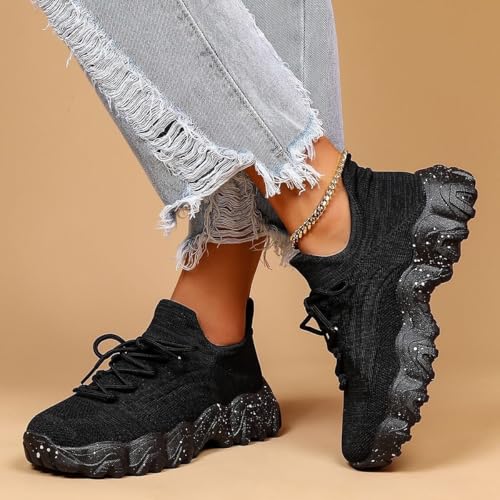 VOODUE Izarna Shoes, Izarna Simplysnug Shoes, Women's Breathable Knitted Casual Walking Shoes, 2024 Summer Lace Up Low Top Slip On Sneakers for Men Women(Black,US 9.5)4