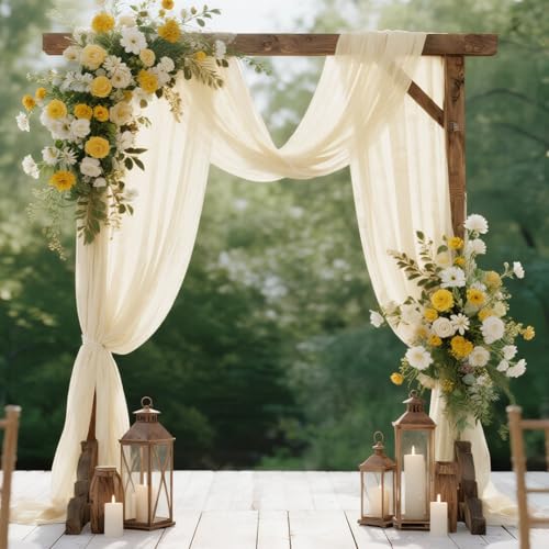 HOTUT Arche Tenture Mariage Beige, 75×600cm Rideau en Tulle, Mariage Voilage Drapés en Mousseline éLastique avec 2Pcs Rubans, pour Décoration de...