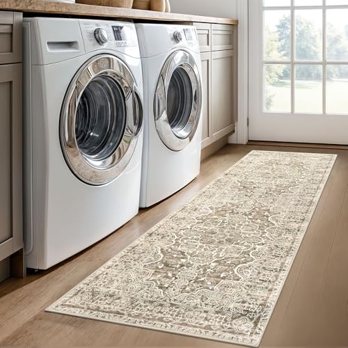 KUTA Runners for Hallways 2x6 Beige Brown, Vintage Floral Kitchen Rugs Non-Slip Washable Runner Ultra Soft Printed Retro Distressed Entryway Carpet for Bedroom Laundry Nursery