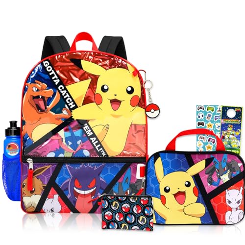 Conjunto de mochila Pokémon para meninos – Pacote com mochila Pikachu de 41 cm, bolsa de lanche, garrafa de água, estojo de lápis, mais | Bolsa escolar Pokemon para crianças