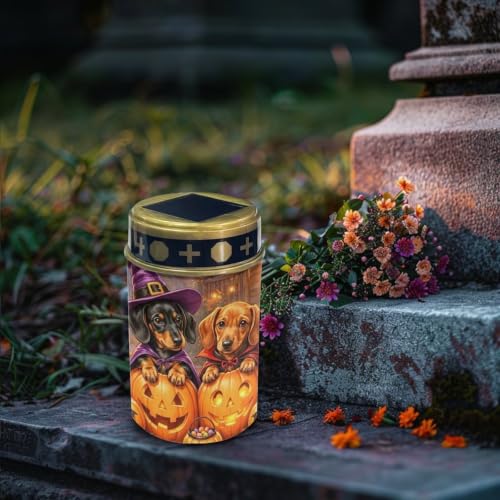 Image of Poceacles Halloween Decor Solar Lights Outdoor Solar Powered Cemetery Stake Lights Grave Lamp Landscape Lighting Waterproof Grave Flameless Candles, Dachshund Dog Pumpkin, Pack of 4