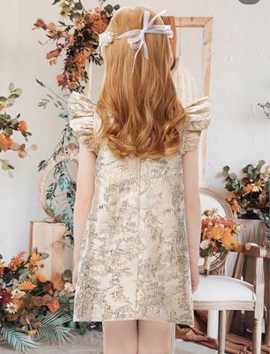 Girls Floral Dress Ruffle Sleeve A-Line Golden Jacquard Midi Dress for Girls Festival2