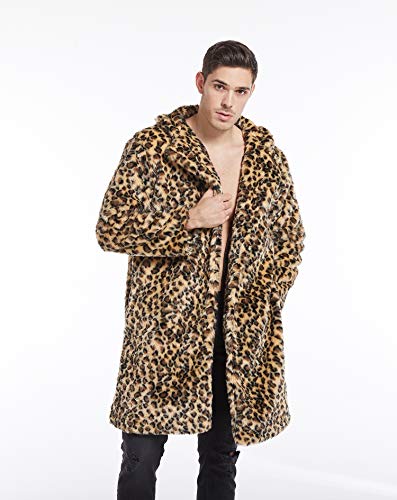 Image of UMREN Mens Warm Leopard Faux Fur Coats Jacket Long Luxury Overwear Parka Cardigans