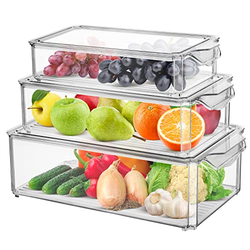 Chuboir Kühlschrank Organizer 3 Set, Durchsichtig Stapelbare Aufbewahrungsbox Organizer mit Deckel, Kühlschrank Ordnungssystem Box für Küchen, Speisekammer, Kühlschrank, Schränke, Regale Cover
