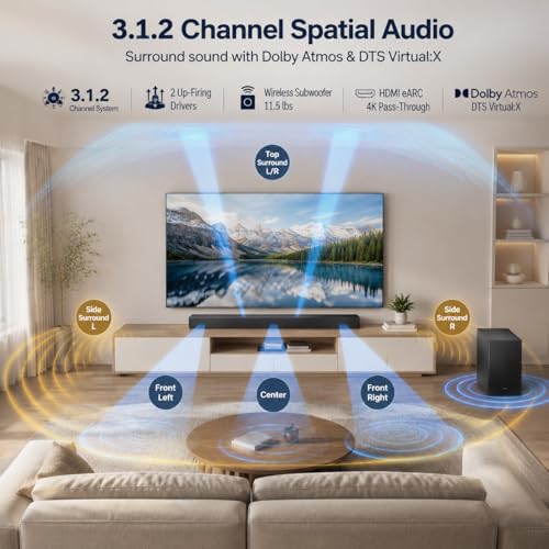 Image of 3.1.2 Channel Soundbar with Wireless Subwoofer for TV, Dolby Atmos & DTS Virtual:X Home Theater Audio System, Q-Symphony Compatible, HDMI eARC, 4K Video Pass-Through, Bluetooth, Titan Black
