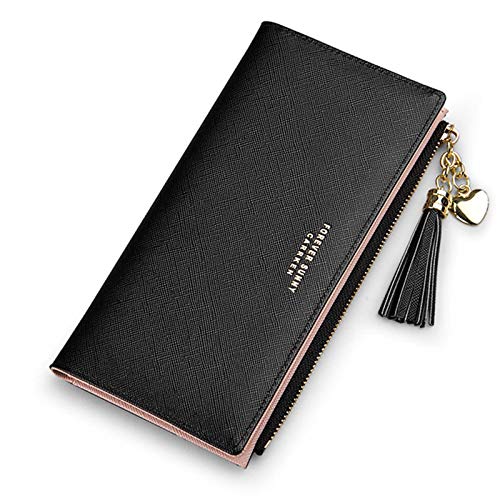 SUMGOGO Slim Wallet for Women Long Tassel Zipper Clutch Purse Handbag Card Case Wallet (Black)