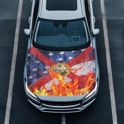 Image of Florida Flag Design Car Hood Cover for Compact Car SUV Truck Minivan, 59x39 Inch Stretchable Auto Hood Flag Waterproof Automotive Exterior Accessories