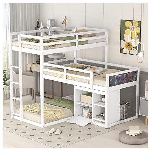 Eafurn L-Shaped Bunk Beds for 3,Twin Size Triple Bunk Beds with Storage Cabinet and Blackboard,Solid Wood Floor Bunk Bed for Kids Teens Adults