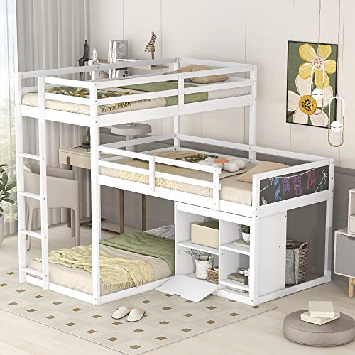 Yehha L-Shape Triple Bunk Bed for 3 Kids & Youths, Wood Bunk Bedframe with Storage Cabinet and Blackboard, Safety Guardrals & Ladder, Space Saving Design & No Box Spring Needed, White