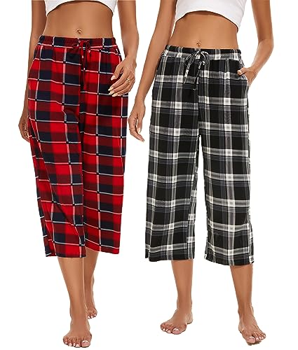 Image of Kabento 2 Pack Womens Pajama Pants Capri Sleep Lounge Pants Drawstring Pj Bottoms with Pockets