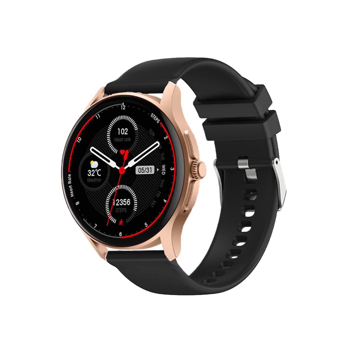 Knauermann Neo (2024) Gold Rund - Gesundheitsuhr Smartwatch - EKG + HRV Funktion - BT Bluetooth - Schlafapnoe - Blutdruck - Silikonband Schwarz, 14-24