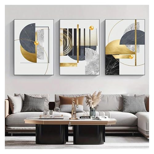 Tableau déco nature triptyque abstrait géométrique doré 3 pièces 50x70cm