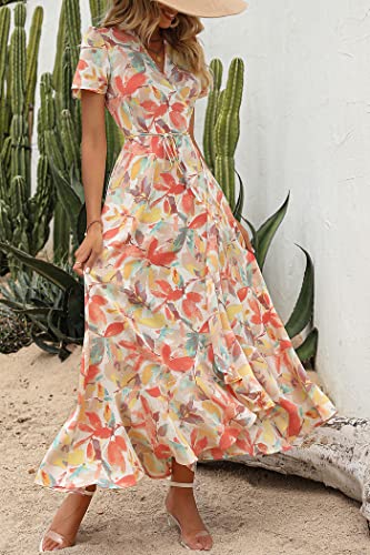 Image of PRETTYGARDEN Women's Summer Wrap Maxi Dress Casual Boho Floral V Neck Short Sleeve Ruffle Hem Split Beach Long Dresses
