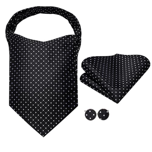 Image of Hi-Tie Silk Ascot for Men Self Tie Men's Cravat and Flower Lapel Pin Handkerchief Cufflinks Set for Wedding Party