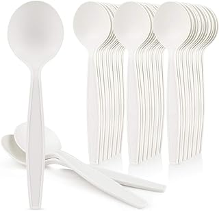 Eco-Friendly 50 Pack Cornstarch 6" Disposable Soup Spoons: Heavy Duty Disposable Spoons Alternative to Plastic Spoons, Plasticware Utensils Cutlery, Ivory. Soup Spoons Disposable Easily