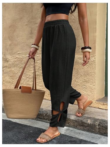 Floerns Women's Floral Cut Out Boho Pants Elastic Waist Vacation Casual Trousers4