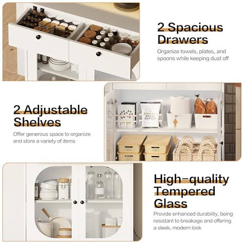 Image of 72 inch Black Kitchen Pantry Cabinet with Lights and Charging Station, Tall Hutch Storage Cabinet Coffee Bar Cabinet with Microwave Shelf for Dining Room