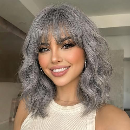 Image of Nnzes Short Wavy Bob Wig with Bangs for Women Shoulder Length Curly Soft Silver Gray Mix Synthetic Heat-Resistant Fiber Hair for Daily & Party Use