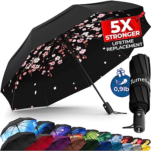 TUMELLA Strongest Windproof Travel Umbrella (Compact, Superior & Beautiful), Small Strong but Light Portable and Automatic Folding Rain Umbrella, Durable Premium Grip, Fits Car and Backpack