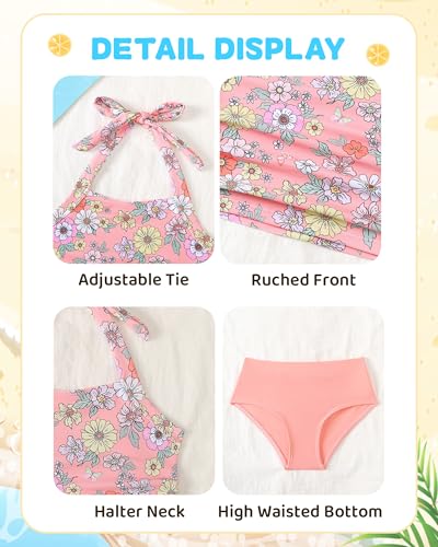 Image of Saeaby Toddler Little Girls Swimsuit Summer Halter Ruched Tankini 2 Piece Bathing Suit for Girl Beach Swimwear 3-8Y