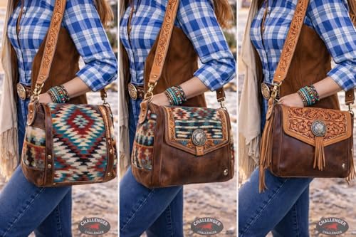 Image of CHALLENGER Western Floral Tooled Leather Replacement Shoulder Purse Guitar Cross Body Strap 115RS-Straps