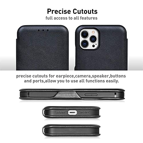 Image of PULOKA for iPhone 14 Pro - Sleek Flip Case - Premium Vegan Leather Phone Cover with Card Slot - Slim, Durable, Privacy Protection - Kickstand Function - Elegant Flip Wallet Cases for Apple - Black