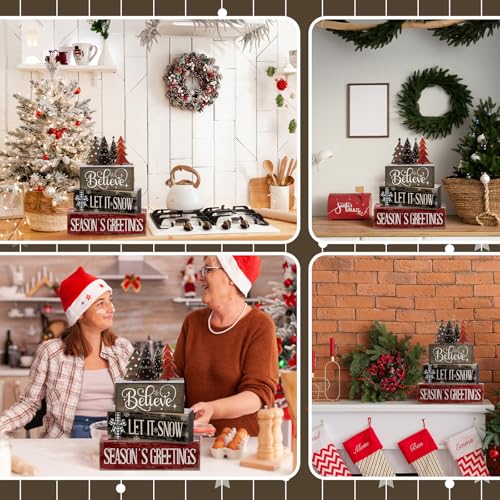 Image of Moucuny 4 Pcs Christmas Table Decor Christmas Tree Centerpiece Rustic Decorative Tree Block Signs Gift Winter Tiered Tray Decor Farmhouse Winter Tabletop Decoration for Home Xmas Party Kitchen Shelf