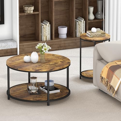 Image of NSdirect Round Coffee Table, 27.6 inch Small Coffee Table for Living Room,2-Tier Rustic Wood Desktop with Storage Shelf Modern Design Home Furniture(Brown)