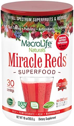 MacroLife Naturals Miracle Reds Superfood Supplement Powder Antioxidants Polyphenols Enzymes Probiotics - Raw Non-GMO Organic Vegan Gluten & Dairy Free - 10oz (30 Servings)
