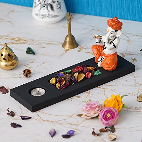 Image of eCraftIndia Orange White Resin Lord Ganesha Idol Playing Flute Showpiece Potpourri Rectangle Tea Light Candle Holder| Ganpati Murti Tea Light Holder Diwali Decoration Items for Home Decor| Diwali Gift
