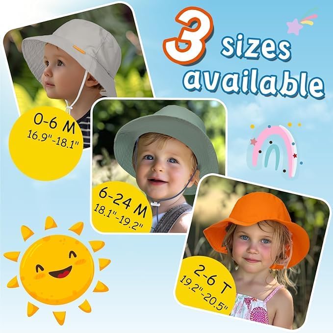 Baby Sun Hat Kids Summer Sun Protection Toddler Bucket Hat Wide Brim Adjustable Beach Hats for Boys Girls Age 0-6 Years